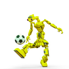 friendly robot is playing football in white background