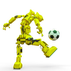 friendly robot is playing football in white background rear view