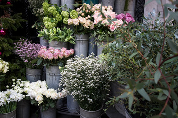 Fototapeta na wymiar Bouquets of pink roses and red tulips, green hydrangea in pastel colors in large zinc buckets for sale in store.