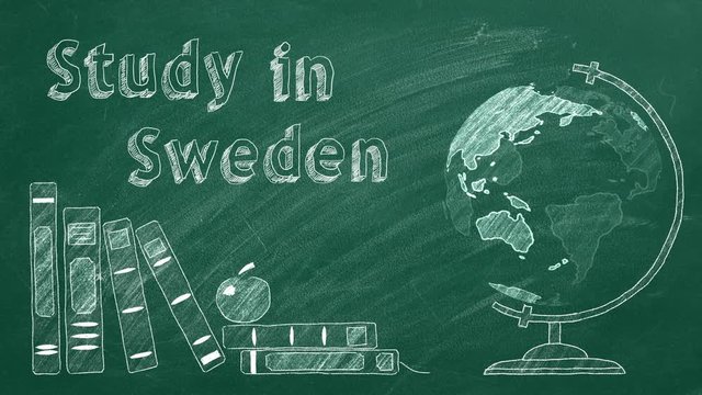 Lettering "Study in Sweden", rotating globe and school books are drawn with chalk on a blackboard. Study abroad concept.