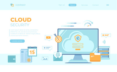 Cloud Security, Cloud Computing, Data Protecting, Secure data exchange. Monitor screen with sign form, login and password, server. Can use for web banner, landing page, web template.