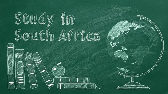 Lettering "Study in South Africa", rotating globe and school books are drawn with chalk on a blackboard. Study abroad concept.