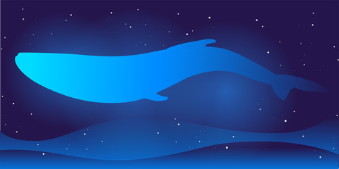Vector Cosmos Illustration on gradient dark blue backgroud with constellation of stars, waves, whale and glowing. Template For web, UI/UX design or background site