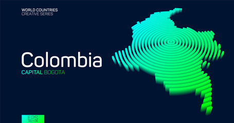 Isometric map of Colombia with neon circle lines