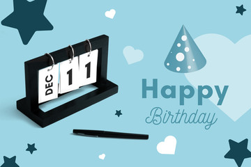 December 11th calendar for anniversary. Day 11 of month. Birthday card message for print.