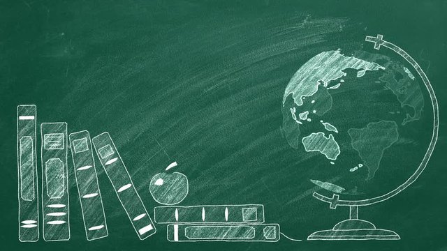 Rotating globe and school books are drawn with chalk on a blackboard.