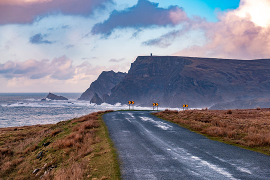 The road between Malin Beg and Glencolumbkille during storm Ciara in County Donegal - Ireland