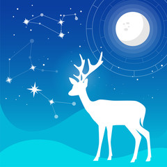 Vector flat Illustration of deer with horns on blue colors gradient sky with Full Moon and constellation of stars and soft light and waves and natal chart