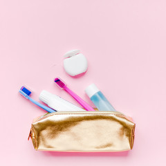 Teeth hygiene and oral care products flatlay