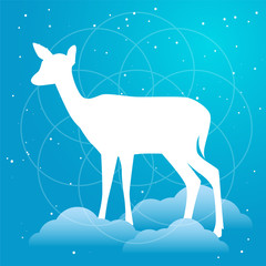 Vector silhouette of doe or deer flat Illustration on a gradient sky blue backgroud with constellation of stars, clouds and soft light around mandala. 
