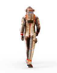 Astronaut in gray and orange spacesuit from back, isolated on white. 3D rendering.