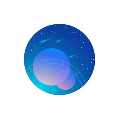 Vector silhouette of two planets flat Illustration on a gradient sky blue backgroud with comets, natal chart in round form. Used for logo, mobile app icon (UI/UX) or templates for web