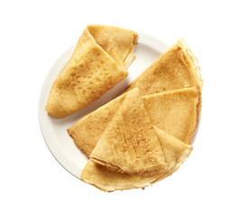 Traditional pancakes on whitea plate. Handmade. Isolated on background. Top view