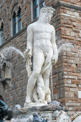 The Fountain of Neptune (detail), made of Apuan withe marble, has been completely restored in 2019..