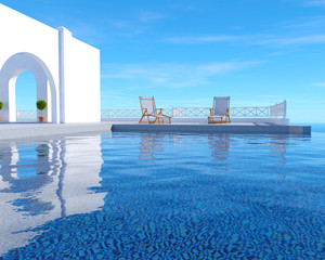 Naklejka premium Pool house exterior with lounge chairs. 3D rendering.