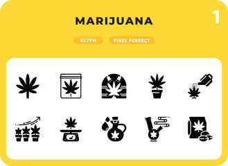 Marijuana Glyph Icons Pack for UI. Pixel perfect thin line vector icon set for web design and website application.
