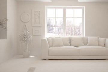 Mock up of stylish room in white color with sofa and winter landscape in window. Scandinavian interior design. 3D illustration