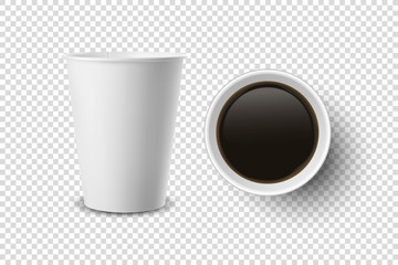 Vector 3d Realistic Disposable Opened Paper, Plastic Coffee Cup for Drinks Icon Set Closeup Isolated on Transparent Background. Design Template, Mockup. Top and Front View