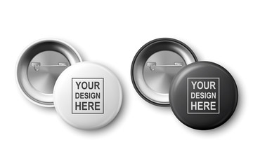 Vector 3d Realistic White and Black Metal, Plastic Blank Button Badge Icon Set Isolated on White Background. Top View. Front and Back Side. Template for Branding Identity, Logo, Presentations. Mock-up