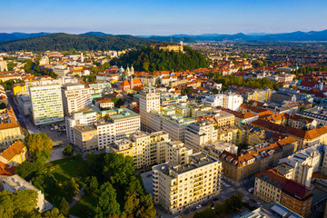 Fototapeta na wymiar Aerial view of Ljubljana cityscape with buildings and streets
