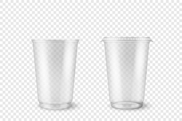 Vector Realistic 3d Empty Clear Plastic Opened, Closed Disposable Cup Set Closeup Isolated on Transparent Background. Design Template of Packaging Mockup for Graphics - Milkshake, Tea, Juice, Lemonade