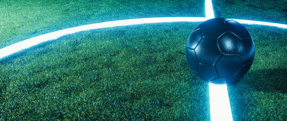 Neon soccer field with ball on glowing lines on a field at night