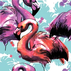 Tapeten Muster mit Flamingos. Zeichnen von Hand. Heller Aquarellfleck. Mehrfarbige Farbflecken. Tropischer Hintergrund des stilvollen Sommers. Rosa Vögel. © RantGoil