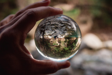Retrato de paisaje con esfera sostenida con una mano