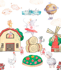 Cute Barn with various farm animals Watercolor cartoon hand drawn illustration. Funny characters on...