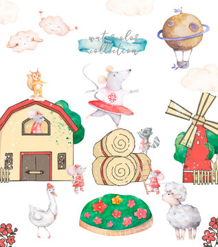 Cute Barn with various farm animals Watercolor cartoon hand drawn illustration. Funny characters on white isolated background