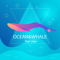 Vector trendy marine art illustration in triangular frame of a whale in deep water ocean or sea in modern gradient colors and neon glowing. Magic, mystic, astrology concept