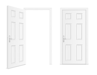 Realistic white door with frame, handle and keyhole