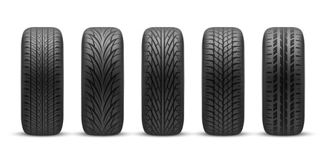 Realistic car tires with different tread patterns - obrazy, fototapety, plakaty
