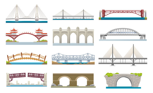 Different types of bridges architecture flat icons