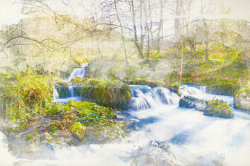 foto acuarela de bosque con río