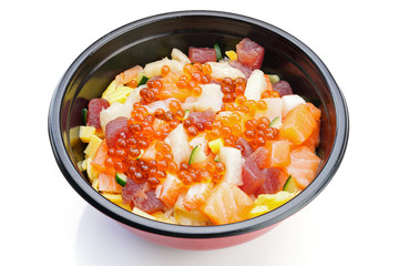A Bowl of Rice With Fresh Raw Seafood on Top (Kaisen don/ Japanese food).