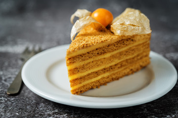 Honey cake with caramel cream filling decorated with physalis