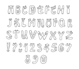 English black and white letters with cat in doodles style. Alphabet vector Illustration on a white background.