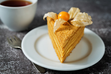 Honey cake with caramel cream filling decorated with physalis