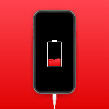 Smartphone charger adapter and electric socket, low battery notification. Vector stock illustration.