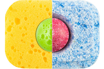 Dishwashing liquid close up on a white isolated background. Dishwasher tablet and a yellow sponge with a drop of green soap.