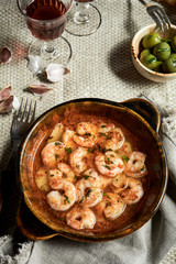 Dish of gourmet scampi sauteed with garlic