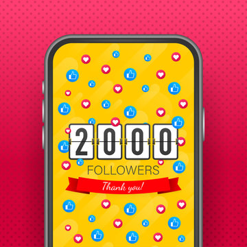 Thank you 2000 followers numbers. Congratulating multicolored thanks image for net friends likes.