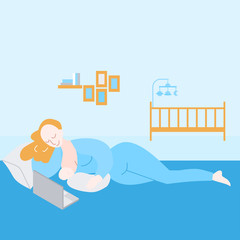 Baby encyclopedia for mother, support for new mom. Parenthood online service. Woman breastfeeding and working from home