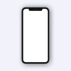 Frameless smartphone mock up isolated on white background. Cell shape with place for selfie camera and sensors
