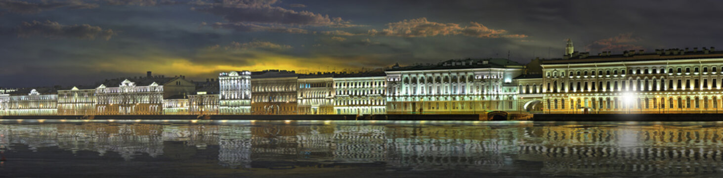Large-format panorama of the Palace embankment in St. Petersburg