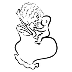 baby is sitting on the big belly of a shocked mom and drinking a cocktail