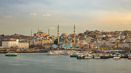 Hagia Sophia and Sultanahmet (The Blue Mosque) mosques from the Golden Horn