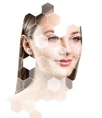Young sensual woman with mosaic honeycombs on face.