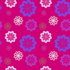 Seamless repeat pattern with violet, white and gold flowers on pink background. drawn fabric, gift wrap, wall art design, wrapping paper, background, fabric print, web page backdrop.